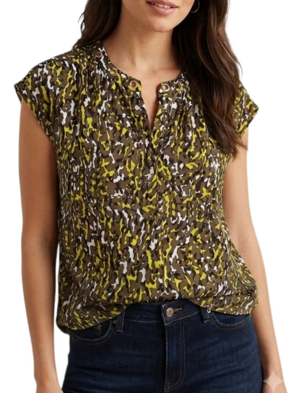 Michael Kors green and yellow abstract animal print Short Sleeve Blouse